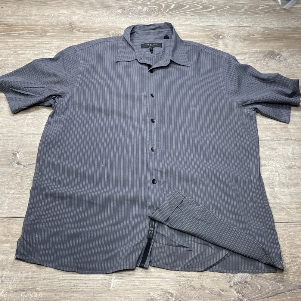 Rag & Bone Button Down Shirt Mens L Grey Pinstripe Rayon Cotton Short Sleeve